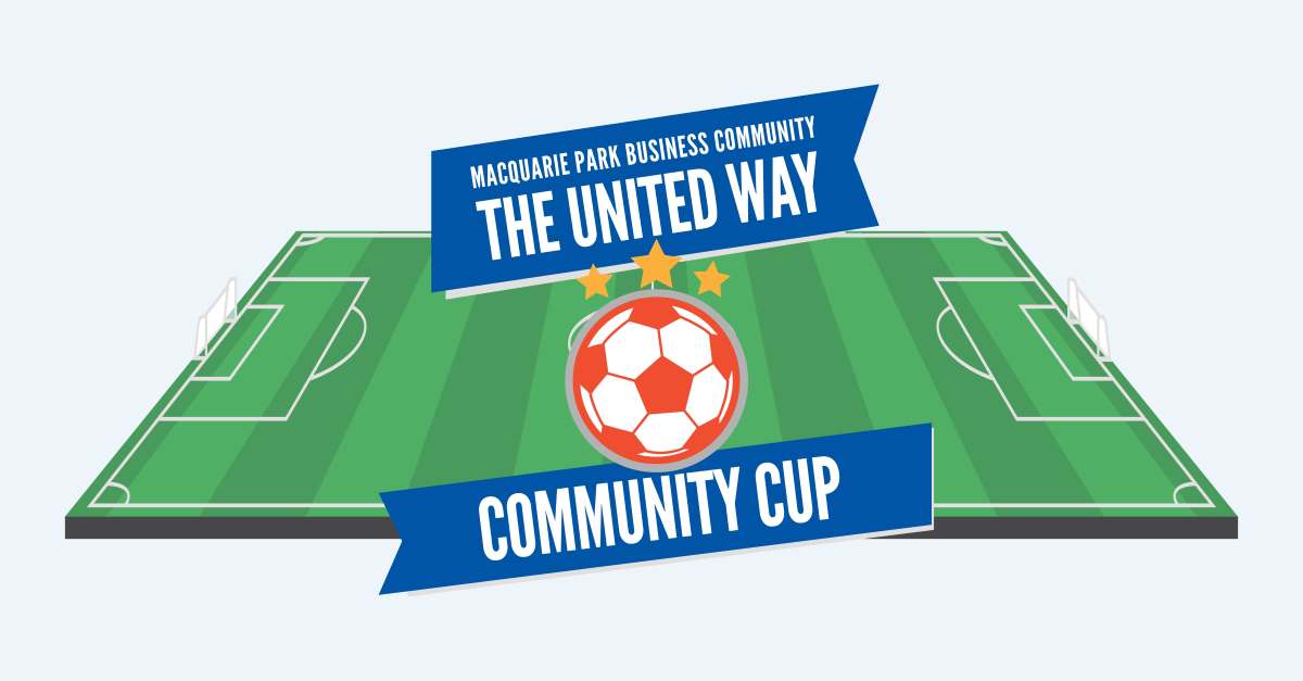 A green soccer field in the background with a blue font banner of United Way Community Cup 2023