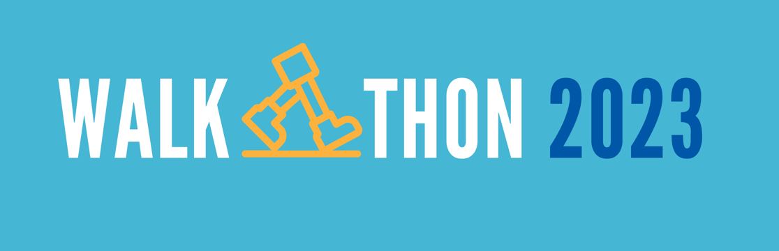 White font on teal green background with animated feet in orange font making the letter A, appearing to walk between the words: Walk and Thon
