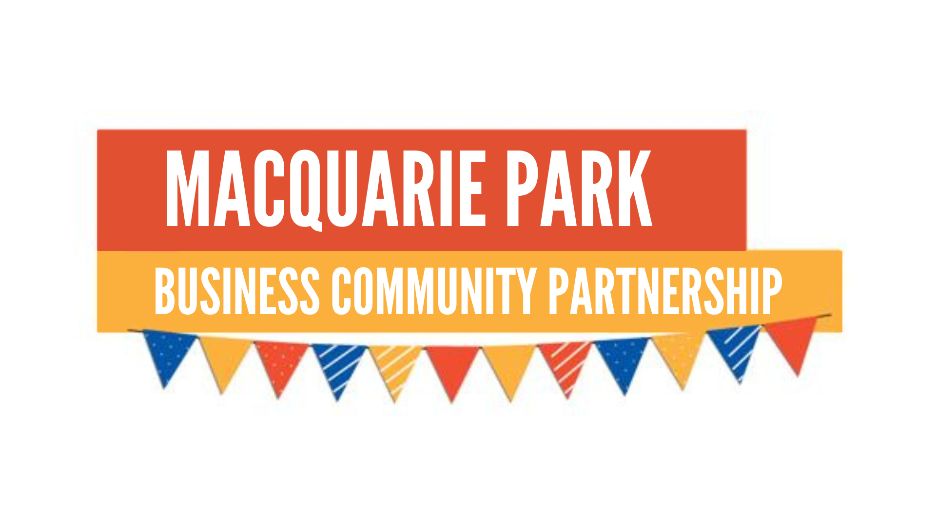 Colourful bunting beneath a red and orange coloured banner of the words: Macquarie Park Business Community Partnership